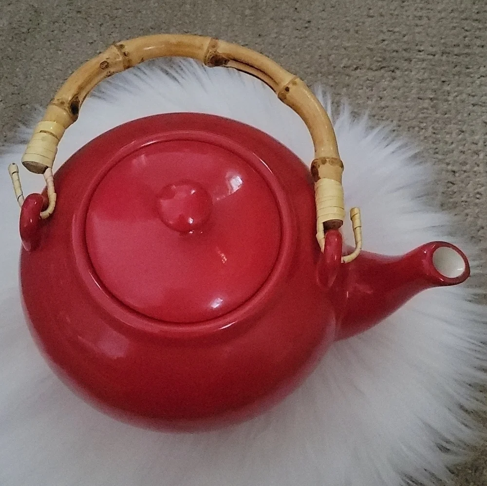 Pottery Barn Rare Vintage Sausalito Red Tea Pot with Bamboo Handle - Picture 3 of 11